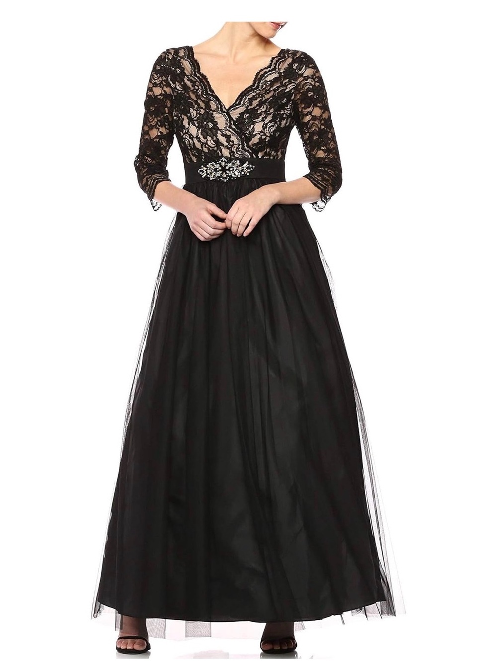 Jessica Howard Elegant Black Lace and Tulle Evening Gown